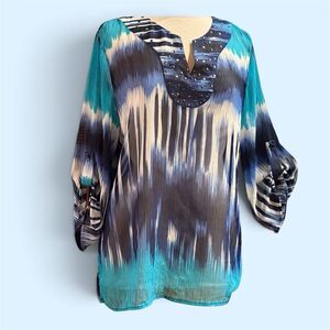 Vtg Tunic Blouse Women Multi Blue Lightning Beaded V-neck 3/4  SHEER Boho Goth L